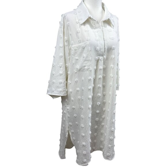 Womens Size XL White Textured Swiss Dot Longline Button-Up Shirt Dress longback - Picture 1 of 10